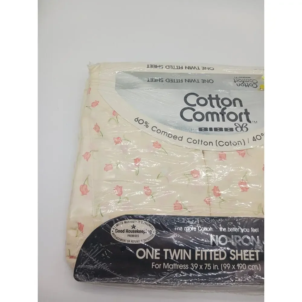 VTG Cotton Comfort by Bibb Twin Fitted Sheet No Iron Floral Tulips Cream Durham